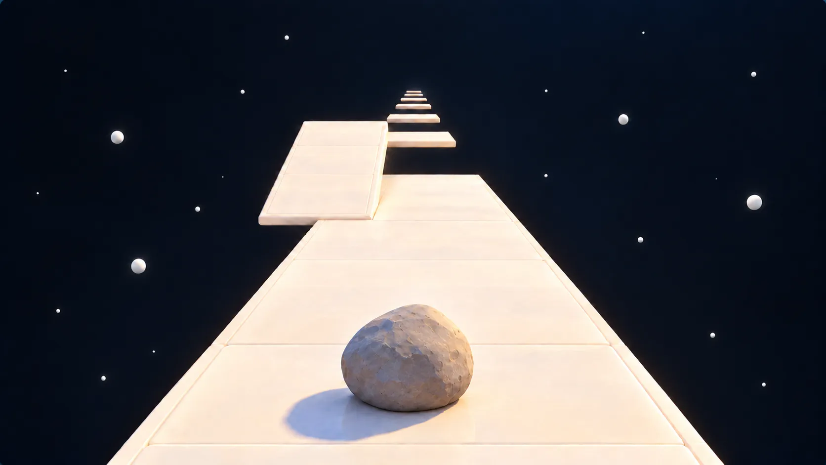 Stage 1 concept art: an uneven gray rock on a pale geometric path suspended in a dark space.