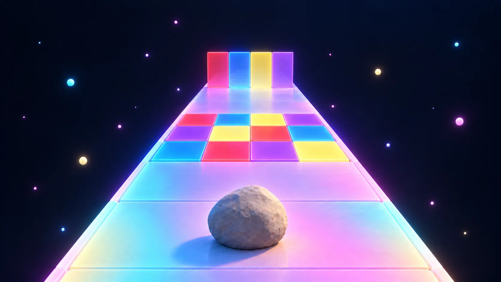 Stage 2 concept art: a rock on a glowing path of cyan, pink, yellow, and purple.