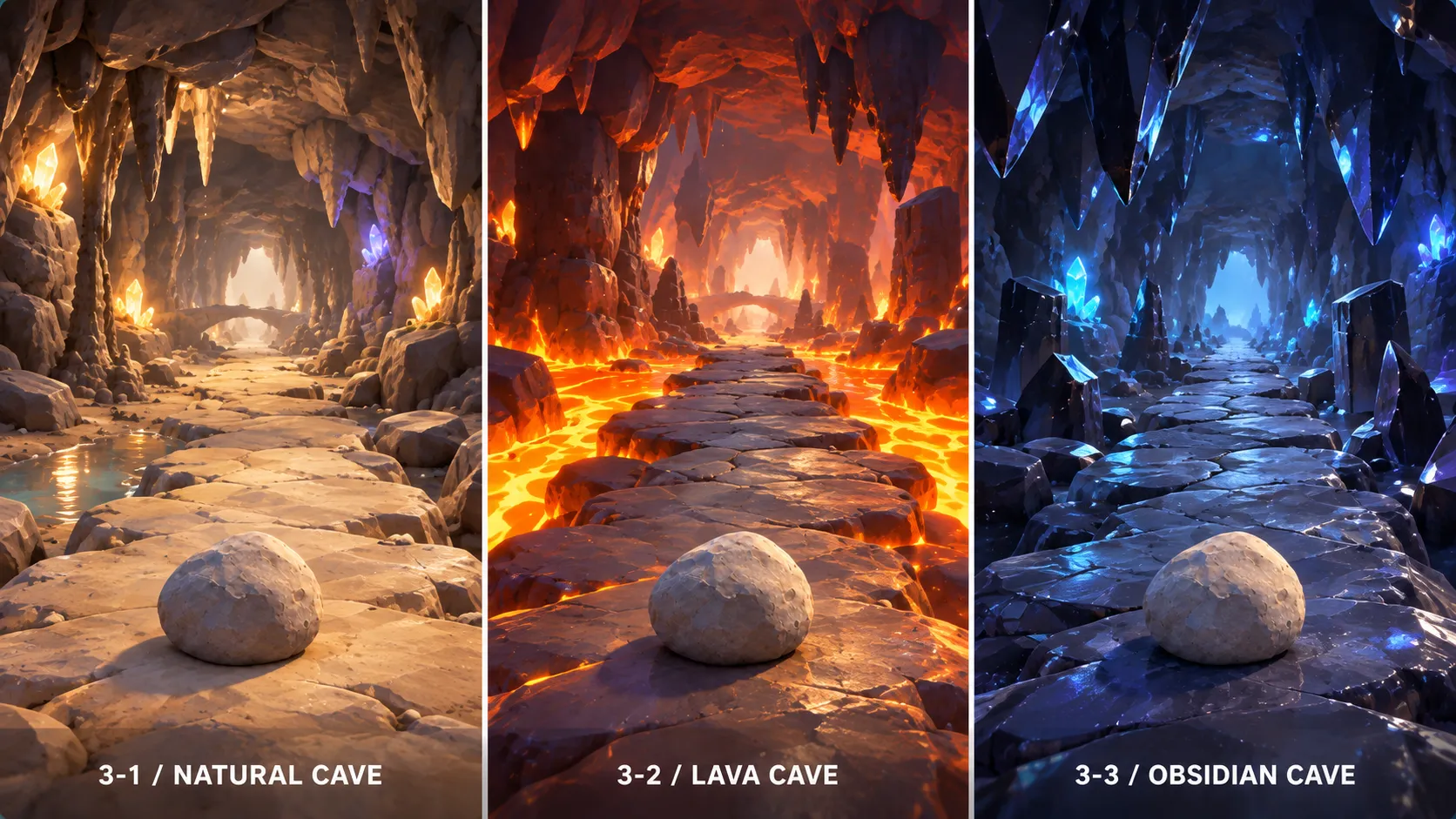 Stage 3 concept art showing natural, lava, and blue obsidian caves side by side.