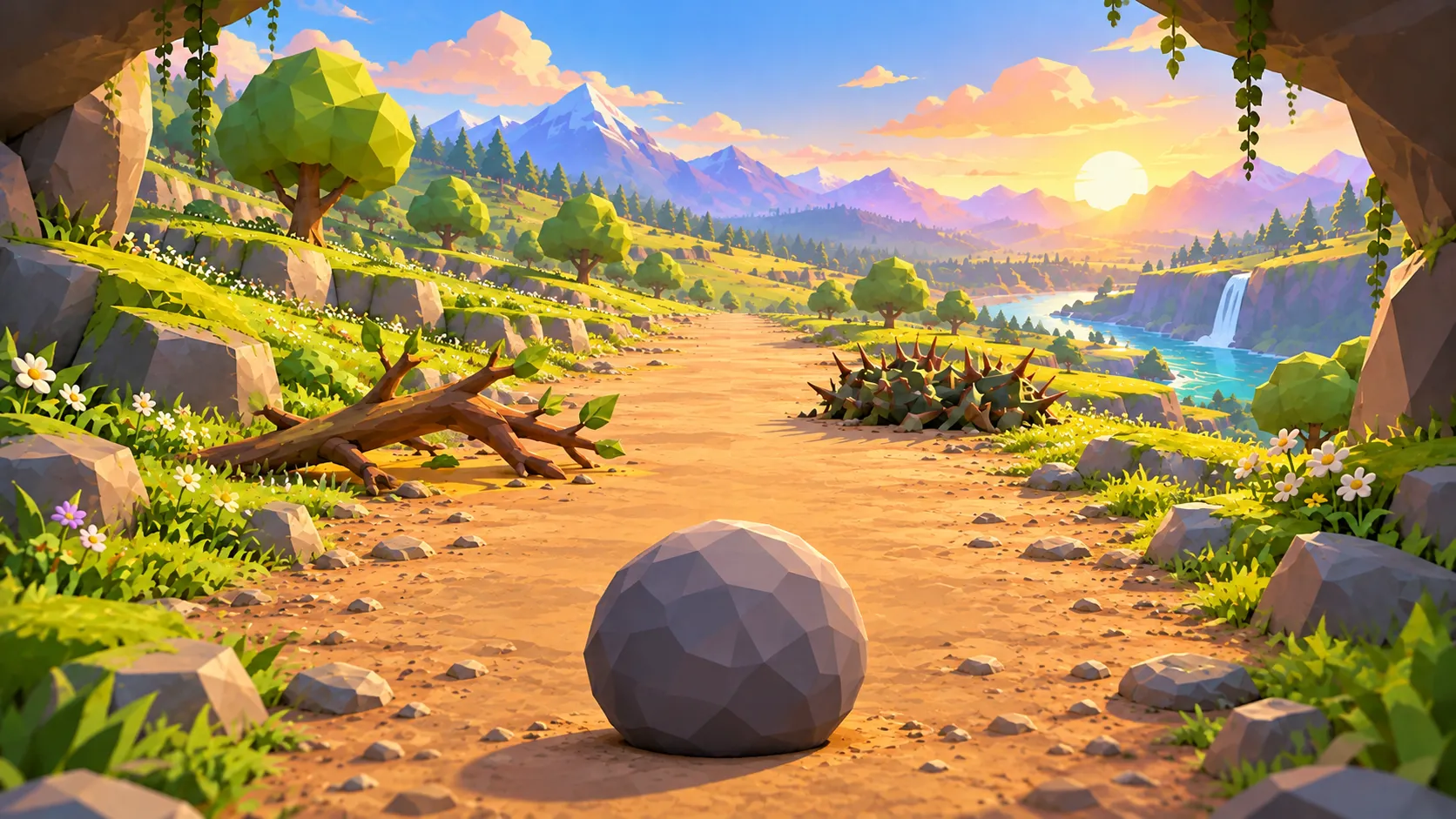 Stage 4 meadow concept art: a rock leaves a cave toward a sunny landscape of flowers, mountains, and trees.